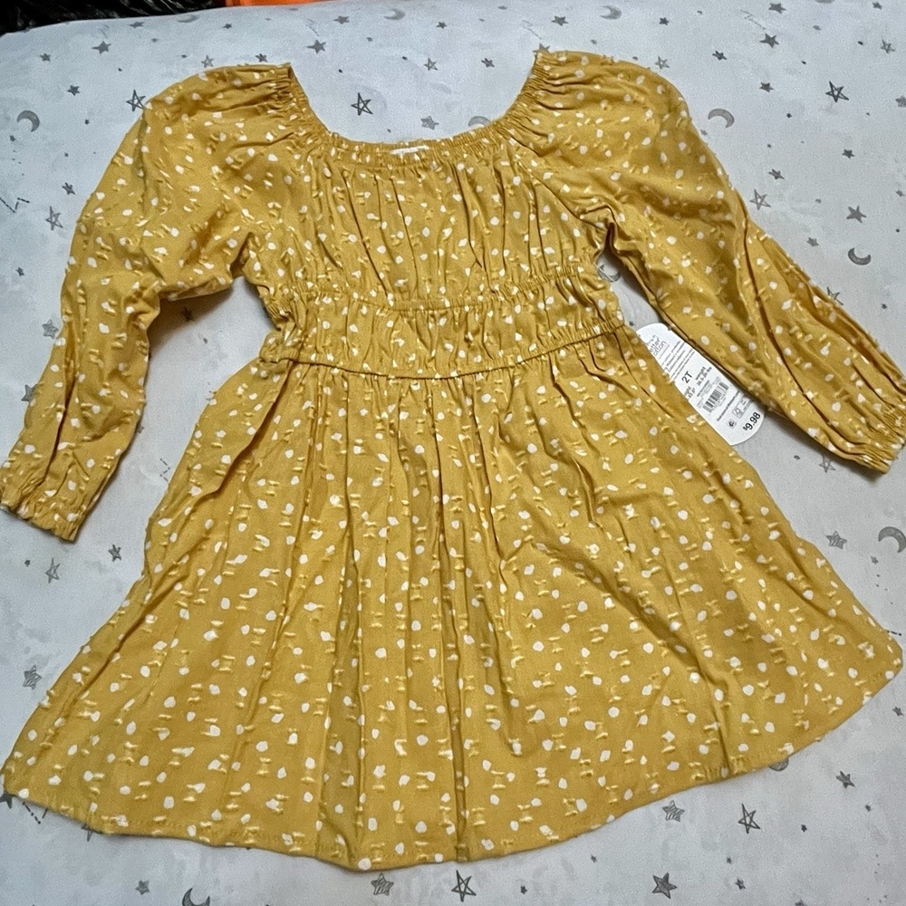 Wonder Nation Toddler Girls Yellow with white dots, Long Sleeve Dress Sz 2T‎ NWT